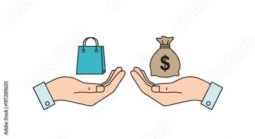 Hands exchanging shopping bag for money bag