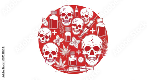 Skulls, syringes, and medicine bottles symbolize drug danger.
