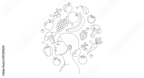 Minimalist line art of a woman surrounded by healthy fruits and vegetables, symbolizing nutrition.