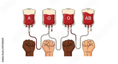 Diverse hands raised in solidarity with connected medical blood donation bags illustration