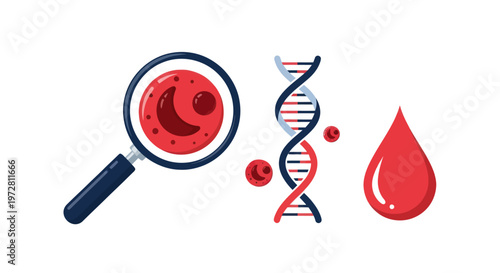 Medical illustration of blood cells analysis with DNA helix and magnifying glass