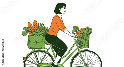 Woman riding a bicycle with baskets full of fresh groceries and vegetables
