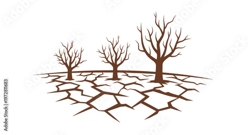 Drought illustration with cracked dry earth and dead leafless trees.