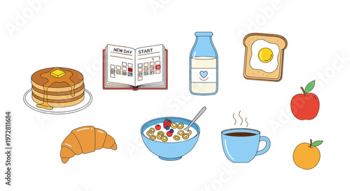 Healthy breakfast items and morning routine icons set in doodle style