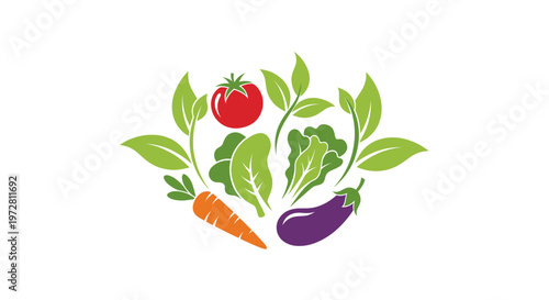 Fresh organic vegetables arranged in a circle with green leaves.