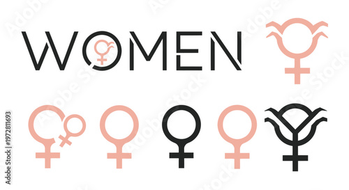 Collection of female gender symbols and feminist icons with women text