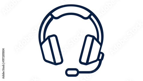 Professional navy blue line vector icon illustration of a gaming headset with microphone, ideal for customer support, call center, music, audio communication, and podcasting design projects.