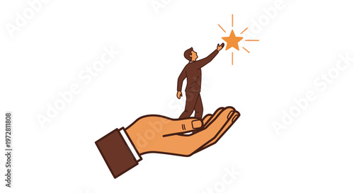 A man walks on a giant hand, reaching for a shining star.