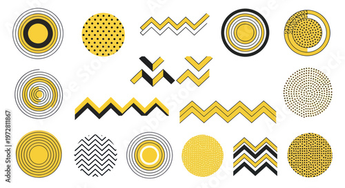 Abstract geometric shapes and retro patterns in black and yellow.