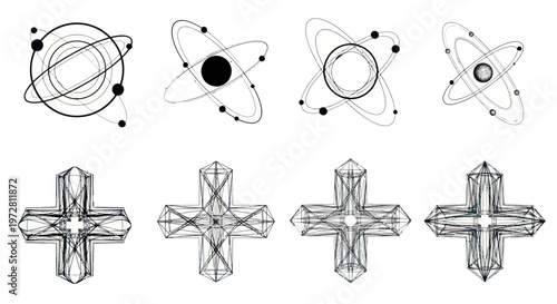 Set of abstract scientific atom icons and geometric crystal cross symbols