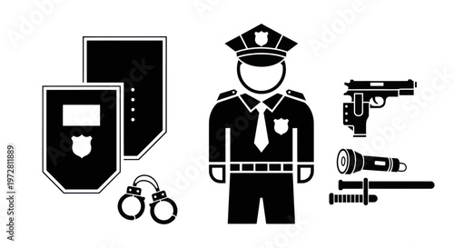 Police officer icon and law enforcement equipment set in black silhouette.