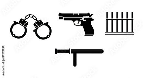 Set of black law enforcement and crime punishment icons on white background