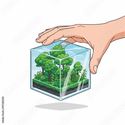 A hand holds a miniature glass box containing a lush forest ecosystem with trees and greenery inside.