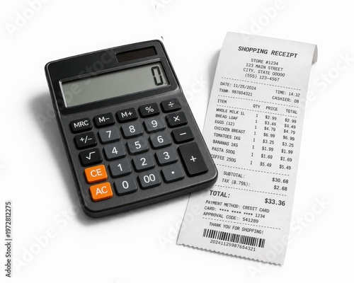 Product photo of a generic calculator with a long shopping receipt isolated on a clean white background. Financial stress, inflation and budgeting concept. Minimal commercial composition, copy space.
