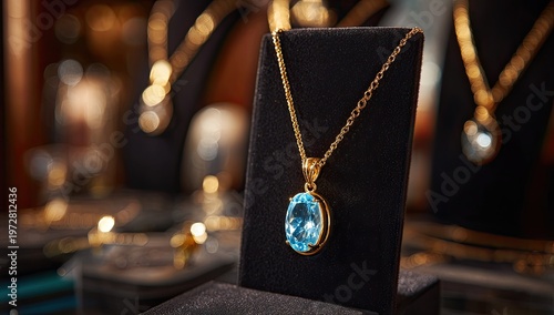 Elegant Gold Necklace with Blue Gemstone Pendant Displayed in Jewelry Store.