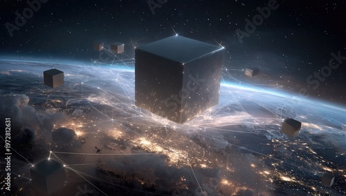 Mysterious Cubes Hovering Over Earth at Night.