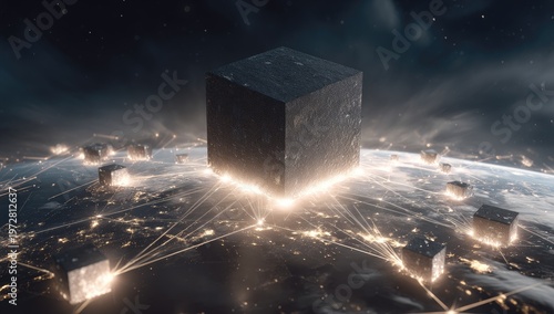 Massive Cube Structure Dominates Futuristic Cityscape with Glowing Energy Beams.