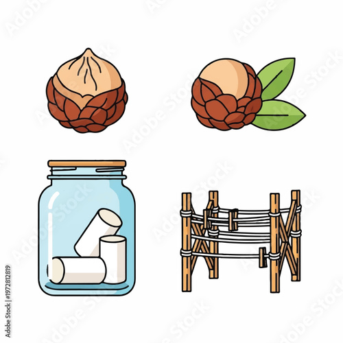Two artichokes and a jar with scrolls next to a wooden loom