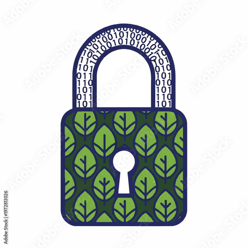 A digital illustration of a green padlock with a leaf pattern and binary code on the shackle on white.