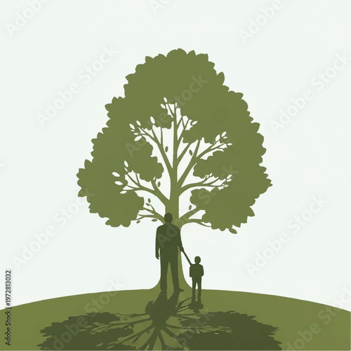 Person standing next to large tree with roots on green hill