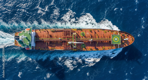 Aerial Top View of a Large Industrial Oil Tanker Vessel Sailing on Open Blue Ocean