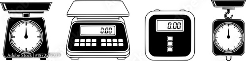 Set of four kitchen weighing scales icons in black and white flat design for cooking and diet measurement tools
