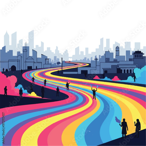 People celebrating on a colorful road in the city with buildings