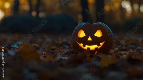 Glowing Jack-o-Lantern in Autumn Forest