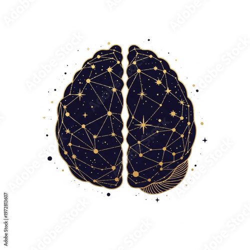 A starry night sky illustration of a human brain with constellations