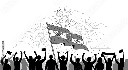 People Celebrating with Flags and Fireworks.