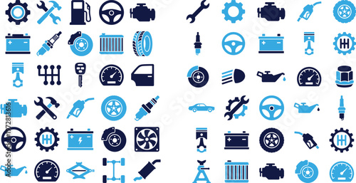 Modern geometric abstract shapes and icons in blue and dark blue color palette.