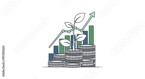 Coins with growing plant and graph.