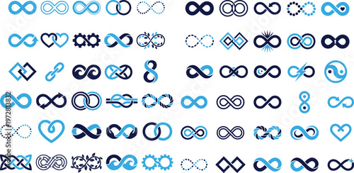 Various backpacks and components for hiking and travel in blue.