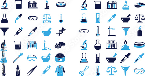 Science laboratory icons for medical research and biology experiments discovery tools.