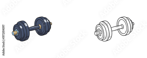 Adjustable metal gym dumbbells cartoon illustrations in flat blue and black line art styles represents fitness equipment for strength training isolated on white background