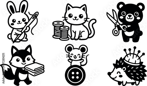 Black and white cute animals with sewing tools and crafts vector art