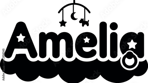 Amelia baby name with stars moon and dog mobile vector black and white