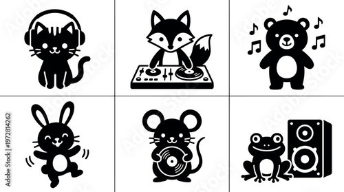 Cute black and white animal characters with music headphones and dj turntable vector art
