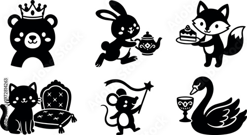 Crowned bear rabbit with teapot fox with cake cat with chair mouse with magic wand and swan with cup