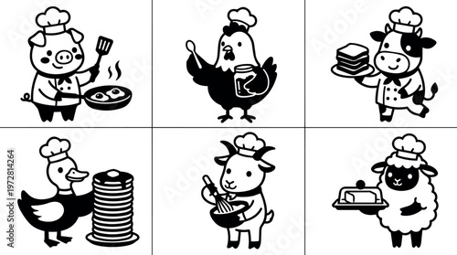 Black and white line art farm animals cooking breakfast pancakes and eggs