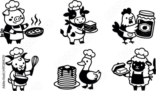 Black and white cartoon farm animals cooking breakfast food vector art