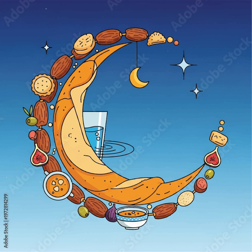 Illustration of Ramadan iftar with crescent moon surrounded by food and drink