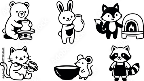 Black and white cute animal characters pottery and fireplace vector art