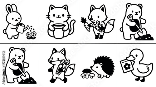 Cute animal characters gardening and carrying vegetables in black and white line art