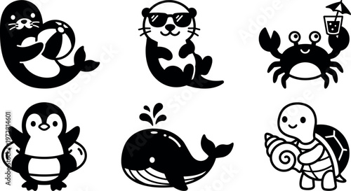 Six cute sea animals with beach and drink details
