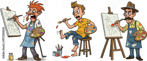 Cartoon painters painting on canvas, creative artists with paintbrushes and palettes, colorful paint splashes, funny characters, artistic expressions, diverse painters in action