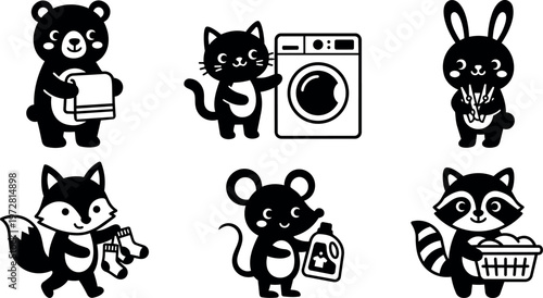Black and white cute animals doing laundry with washing machine and detergent vector art