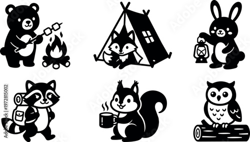 Cute animal campers preparing food and resting with camping gear black and white vector art