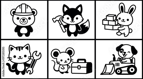 Six cute animal workers with tools and equipment