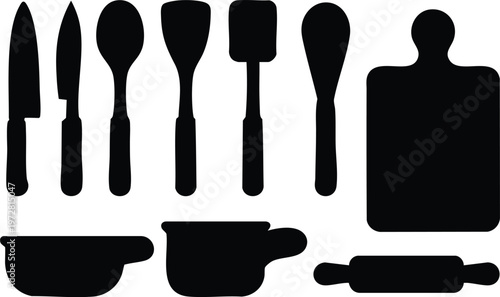 Assorted black silhouettes of kitchen utensils and cookware
